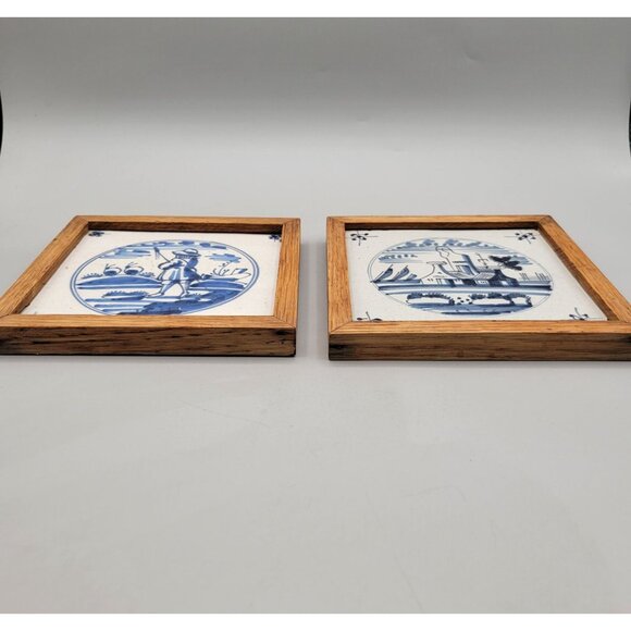 Antique Delft Tiles in Wood Frames 1800's Set of 2 - Picture 6 of 9